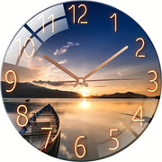 12-inch Silent Quartz Wall Clock with Movement - Large Round Glass Face, Golden Hands & Dark Blue Arabic Numerals, Sunset Lake Landscape (Boats/ Mountains) - Modern Minimalist Analog Clock for, Office, - Auto Shut