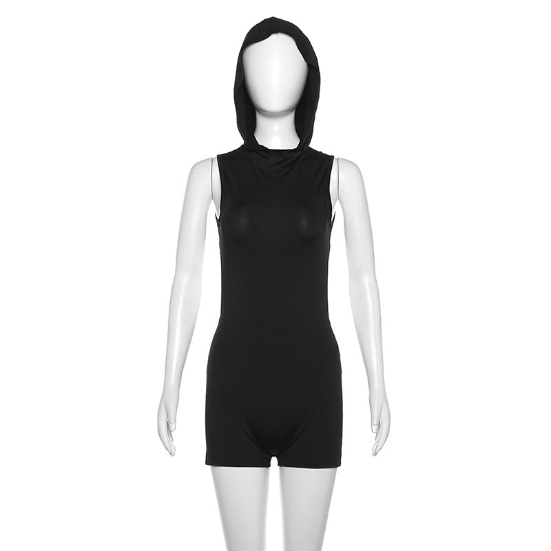 Women's Hooded Hollow-Out Slim High-Waist Romper Shorts
