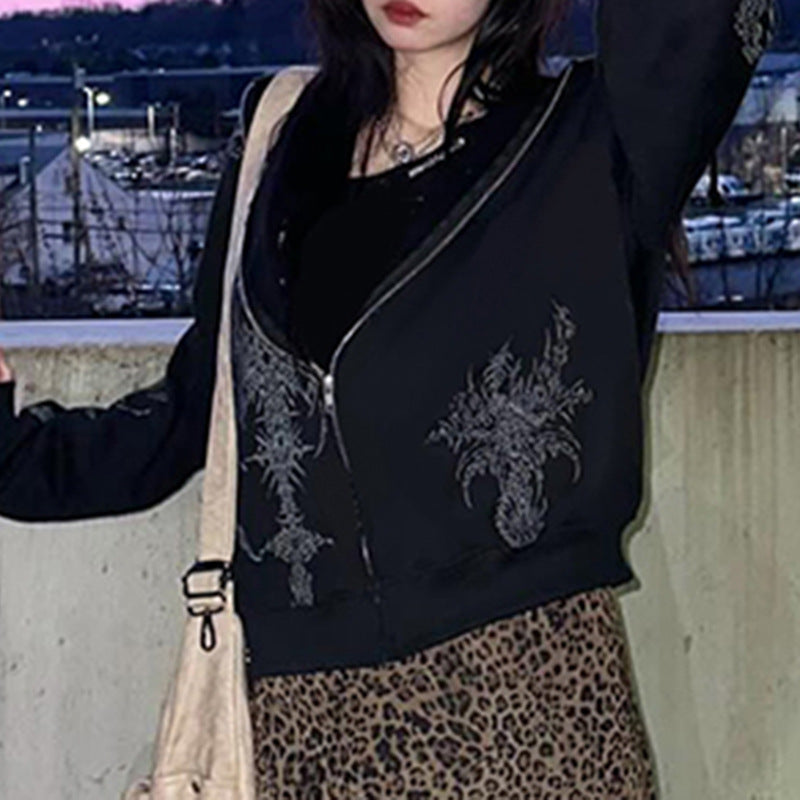 Dark Y2K Zip-Up Hoodie Streetwear Abstract Print