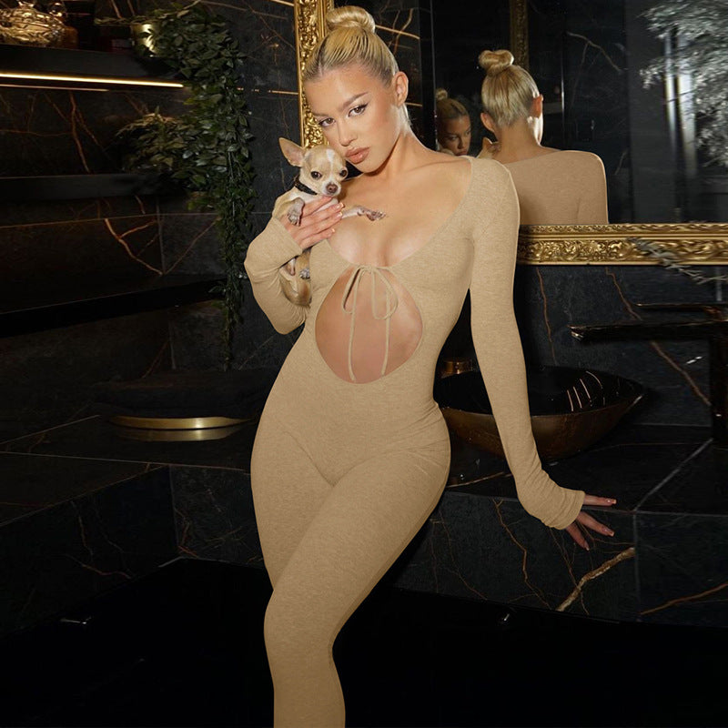 Slim-Fit Long Sleeve Chest Hollow Jumpsuit