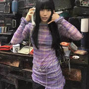 Plaid Gauzy Bottoming Shirt Long-sleeved T-shirt Mid-length Top