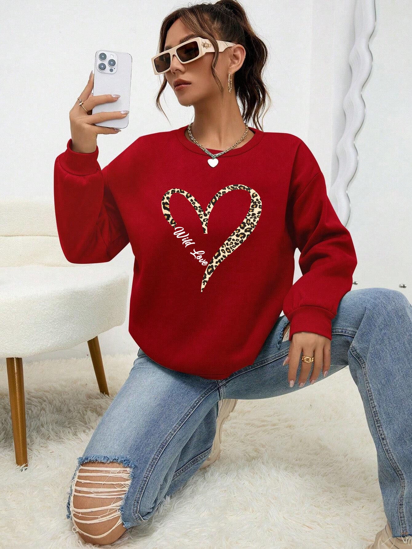 Leopard Wild Heart Print Sweatshirt Set