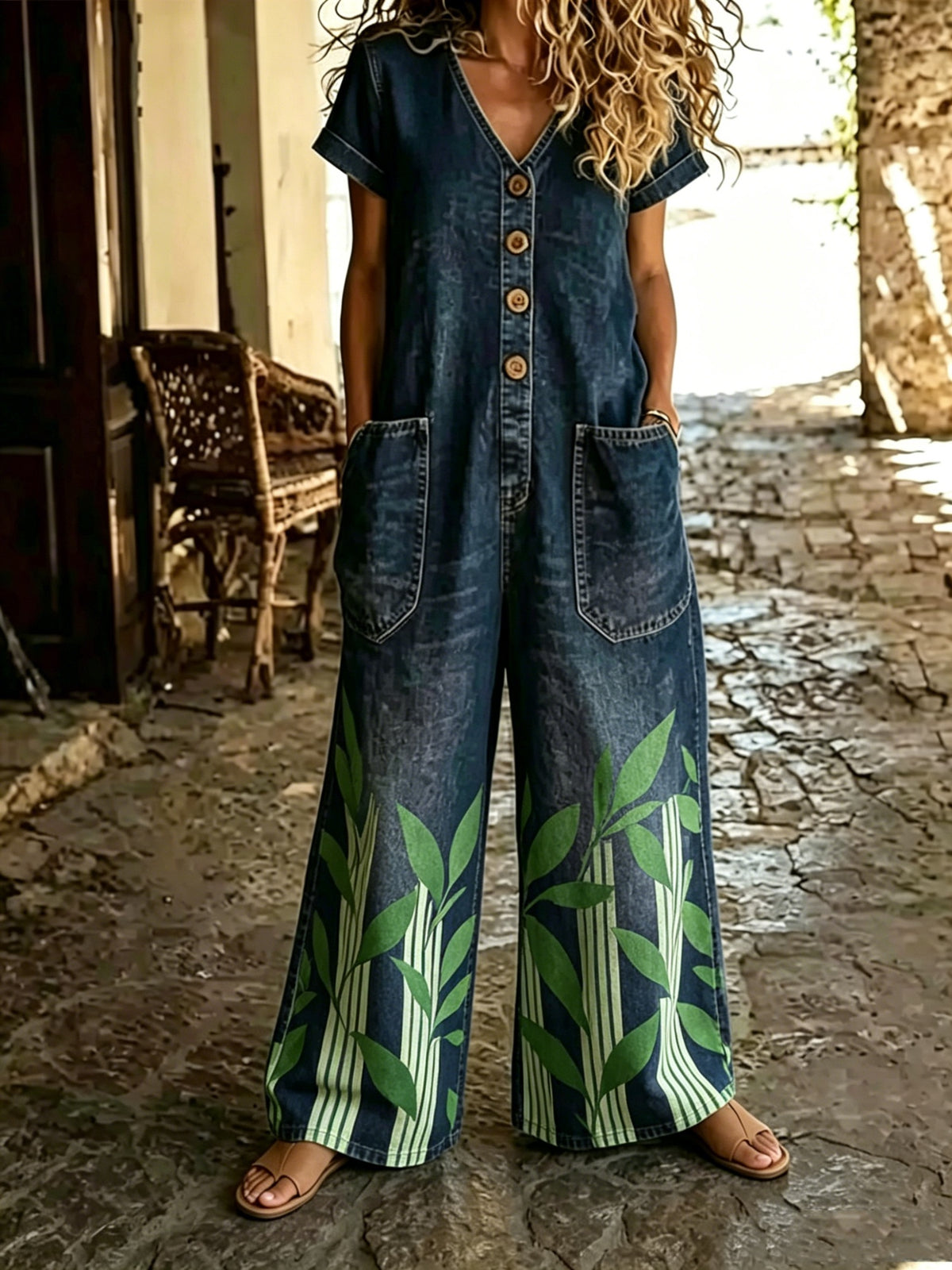Casual Denim Short-Sleeve Wide-Leg Jumpsuit with Pockets