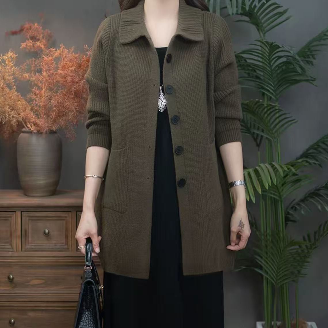 High Polo Collar Women's Sweater Single-breasted Knitted Cardigan