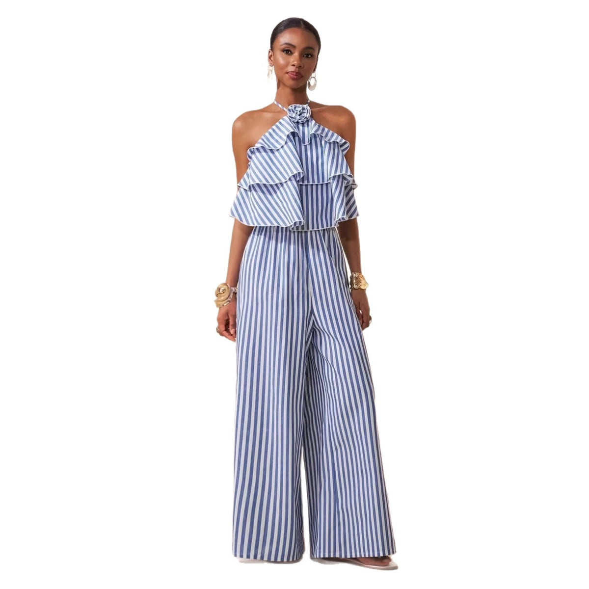 Striped Lace-Up Backless Halter Wide-Leg Jumpsuit