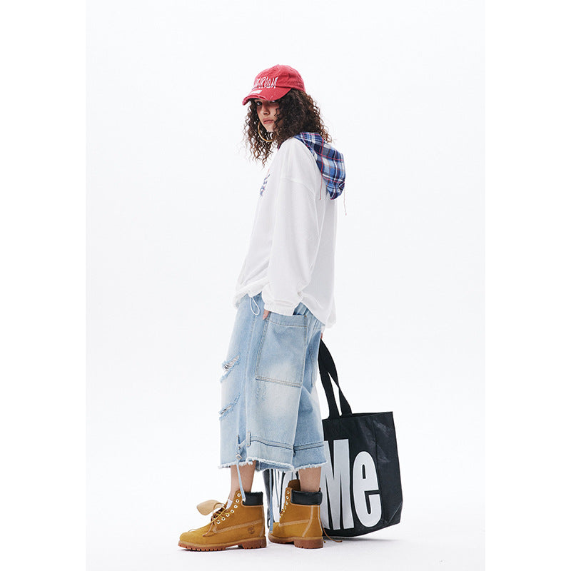 Japanese-style Retro Fake Two-piece Plaid Stitching Contrast Color Hooded Sweatshirt