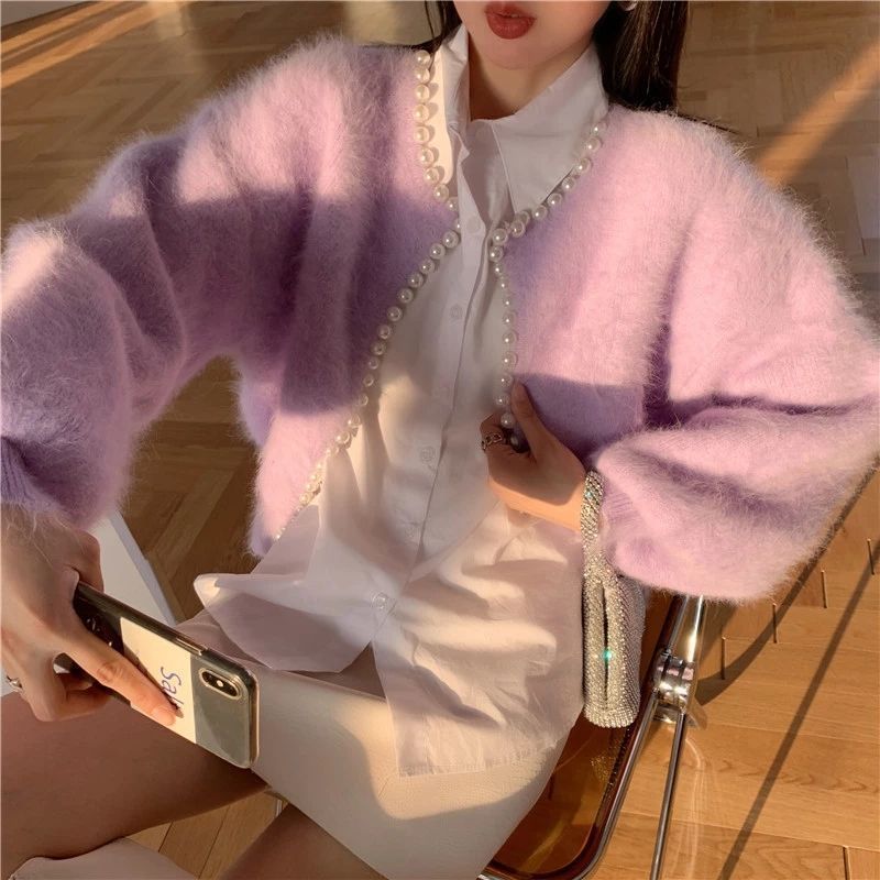 Korean Style Solid Color Fashion Loose Pearl Edge Mink-like Wool Cardigan Sweater