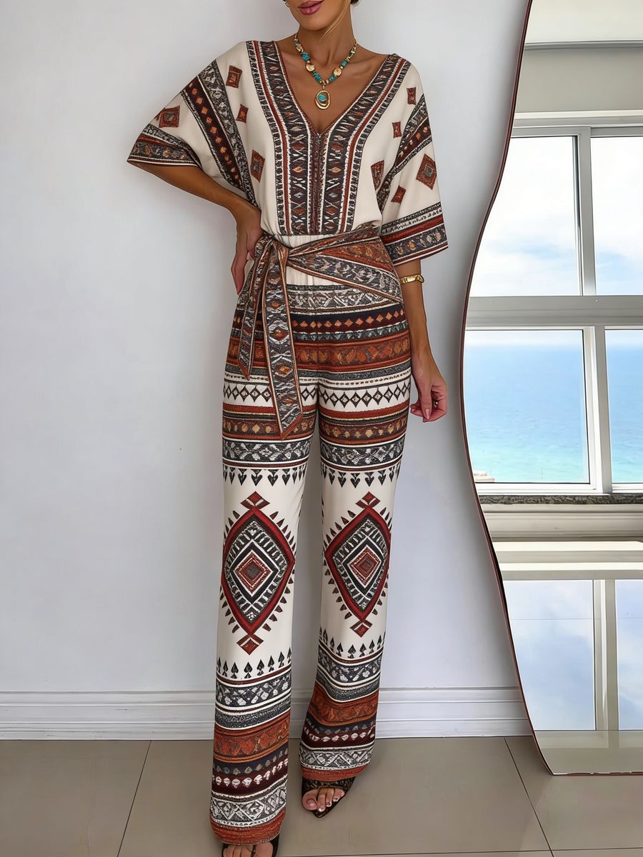 Womens V-neck Casual Mid-length Sleeve Belted Jumpsuit