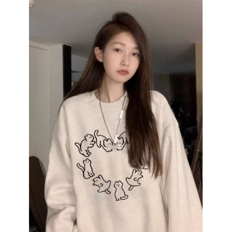 Cute Cat Print Casual Crew Neck Sweatshirt