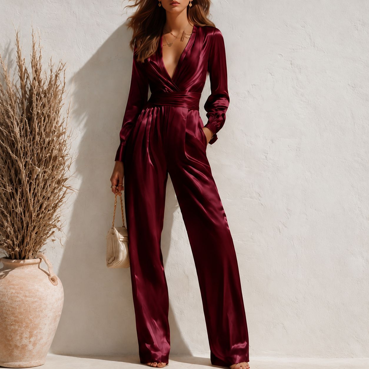 Womens V-neck Long-sleeve Satin Jumpsuit