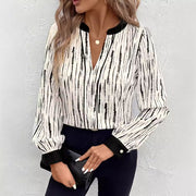 Elegant Women's Long Sleeve V‑Neck Top – Slim Fit Striped