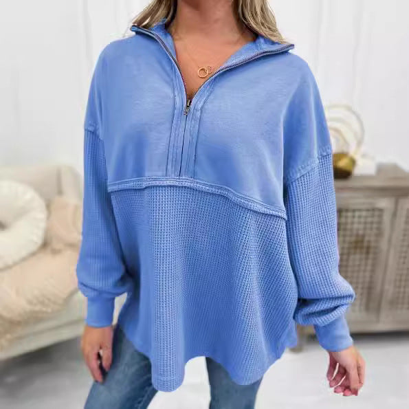 Women's Cozy Zip Patchwork Casual Pullover Sweater