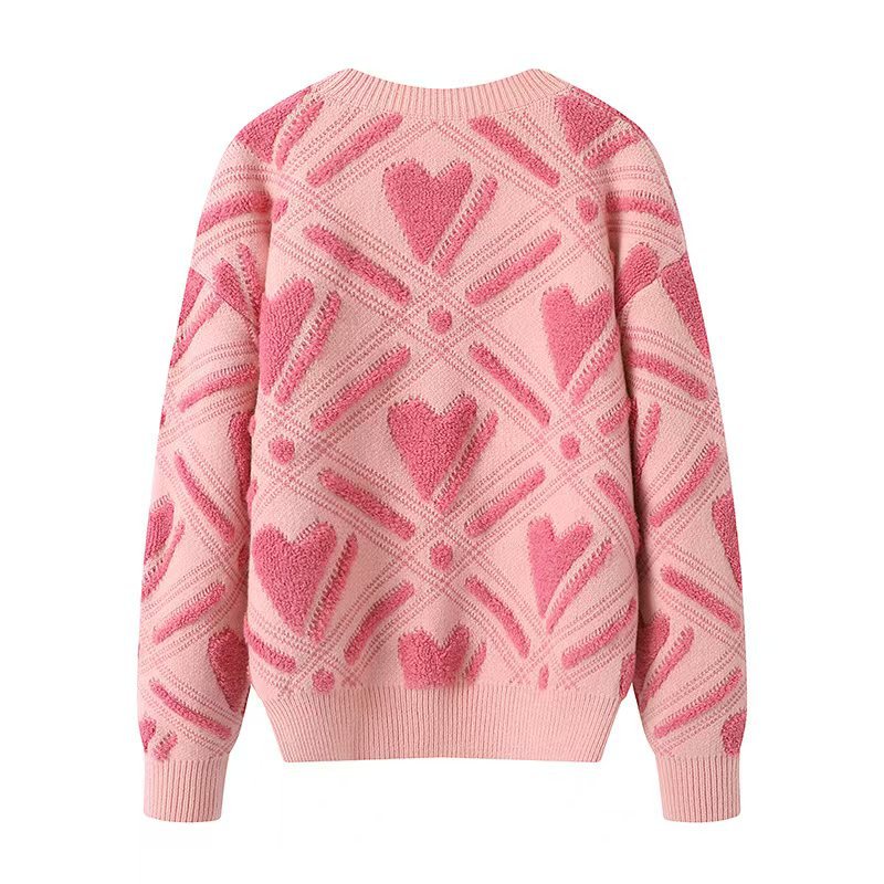 Womens Color-block Heart-shape Relaxed-fit Crew-neck Sweater