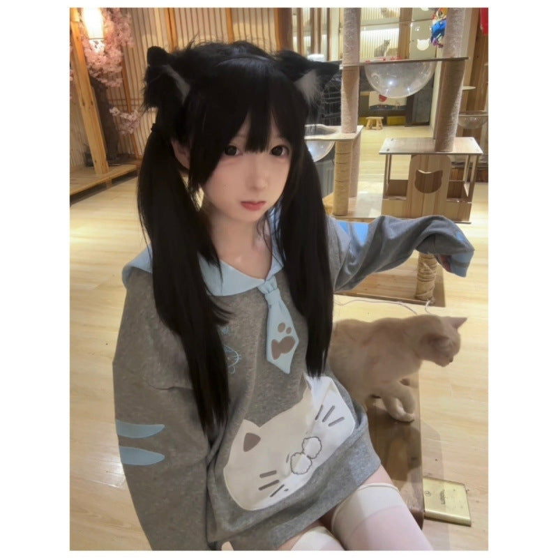 Cute Embroidered Cloud Cat Navy Collar Long Sleeve Sweater