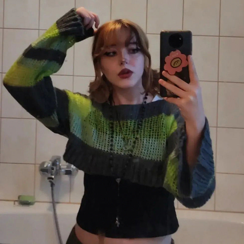 Chic Colorblock Wool Hollow Pullover Sweater