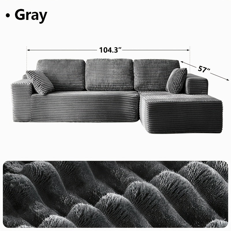 Modular L‑Shape Sectional Sofa with Chaise – Corduroy Fabric, 65" Reclining Chaise, No Assembly Required