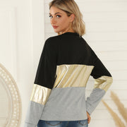 Chic Geometric Long Sleeve Gold-Trim Casual Pullover Top