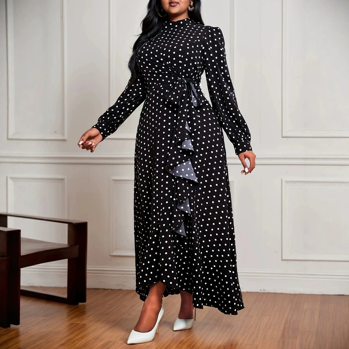 Plus-size Elegant Half-neck Polka-dot Print Dress