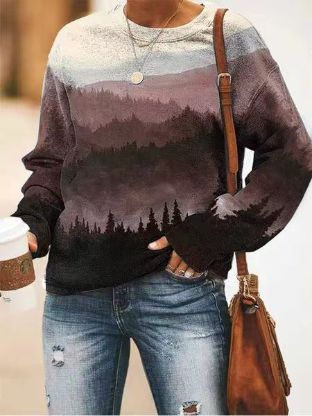 Floral Landscape Print Long Sleeve Pullover Sweatshirt