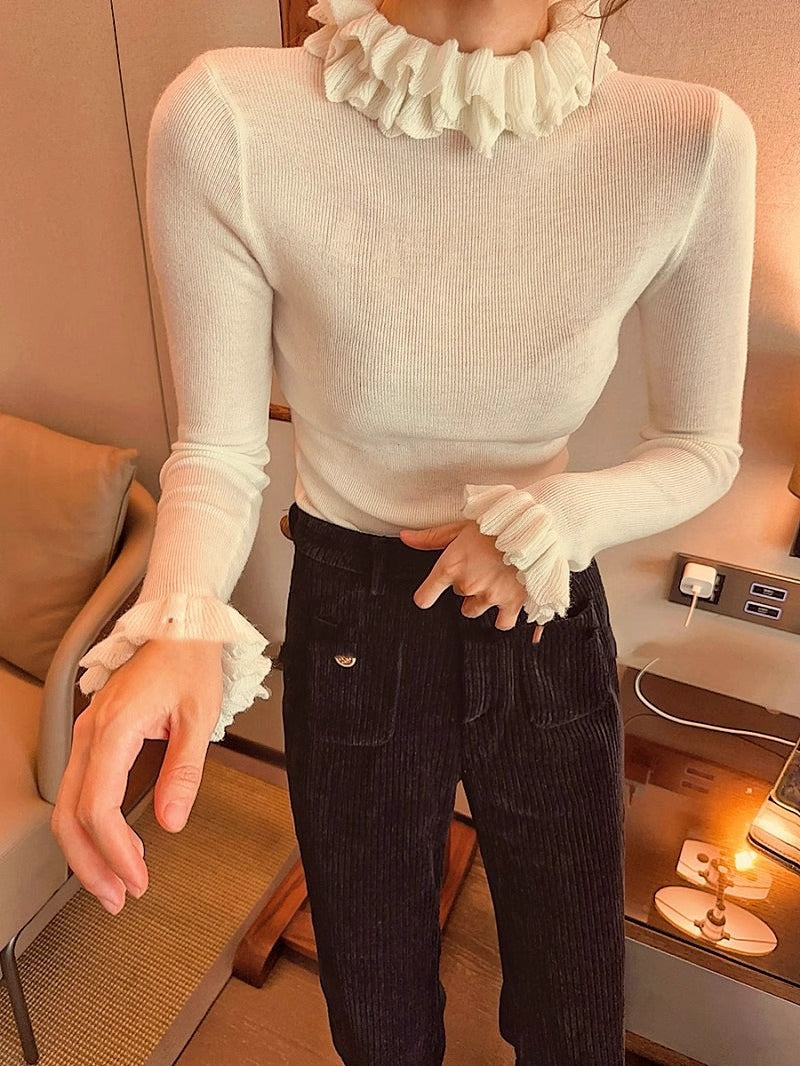 Chic Ribbed-neck Stand-collar Knitted Bottoming Shirt