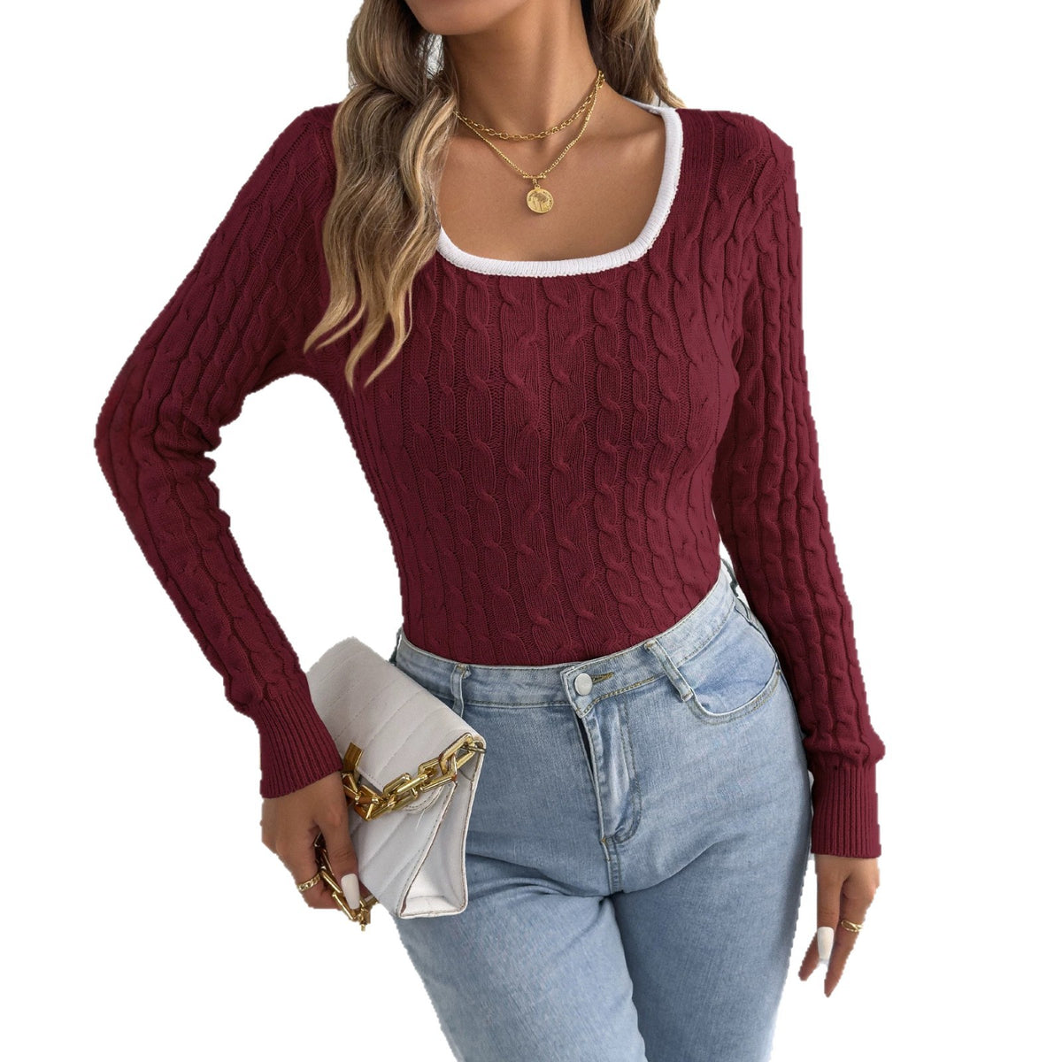 Casual Colorblock Square-neck Cable-knit Long-sleeve Slim-fit Sweater for Women