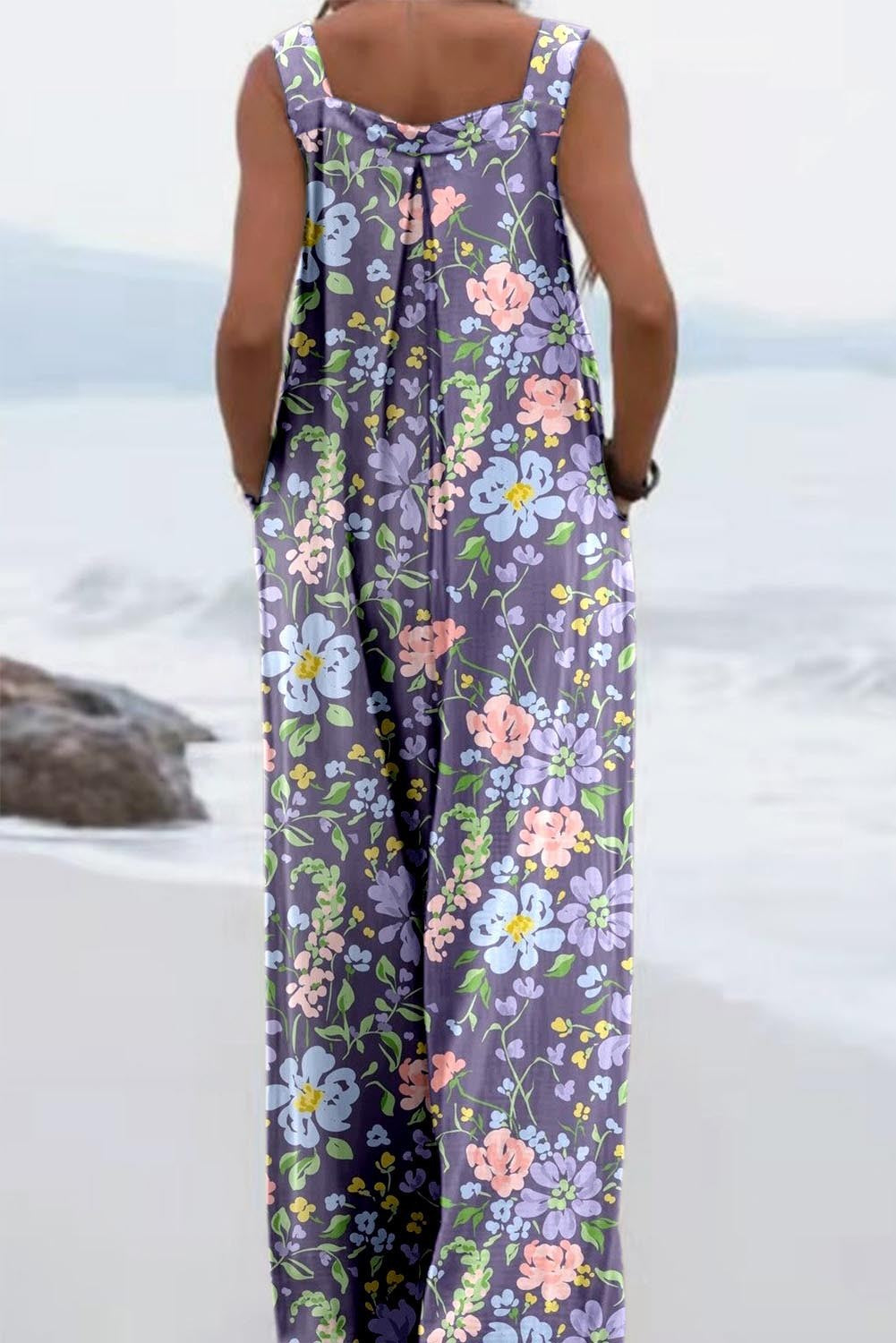 Chic Digital Print Button Romper with Wide Legs