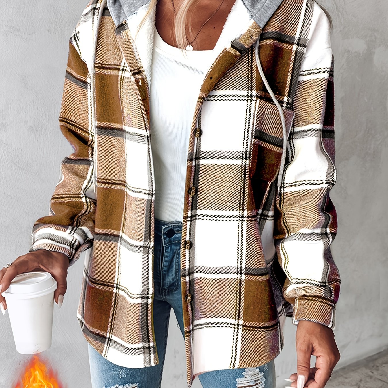 Women's Plaid Hooded Jacket with Fleece Lining