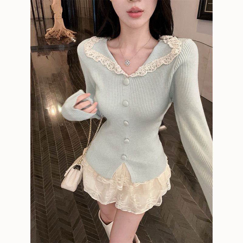 Gentle-style Lace Doll-collar Knit Sweater