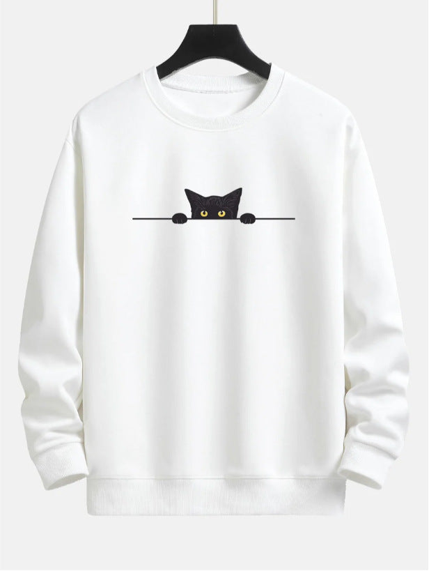 Cute Cat Print Round Neck Casual Pullover Sweater