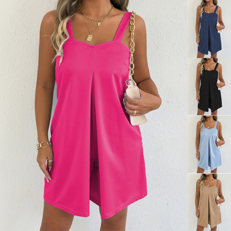 New Womens Loose-fitting Fashionable Solid-color Suspender Pantsoverall Jumpsuit