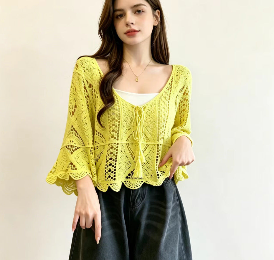 Bohemian Resort-style Crochet Hollow-out Knit Top Womens Solid-color Blouse