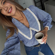 Loose Fitting Long Sleeve Shirt With Blue Plaid Lace Panels