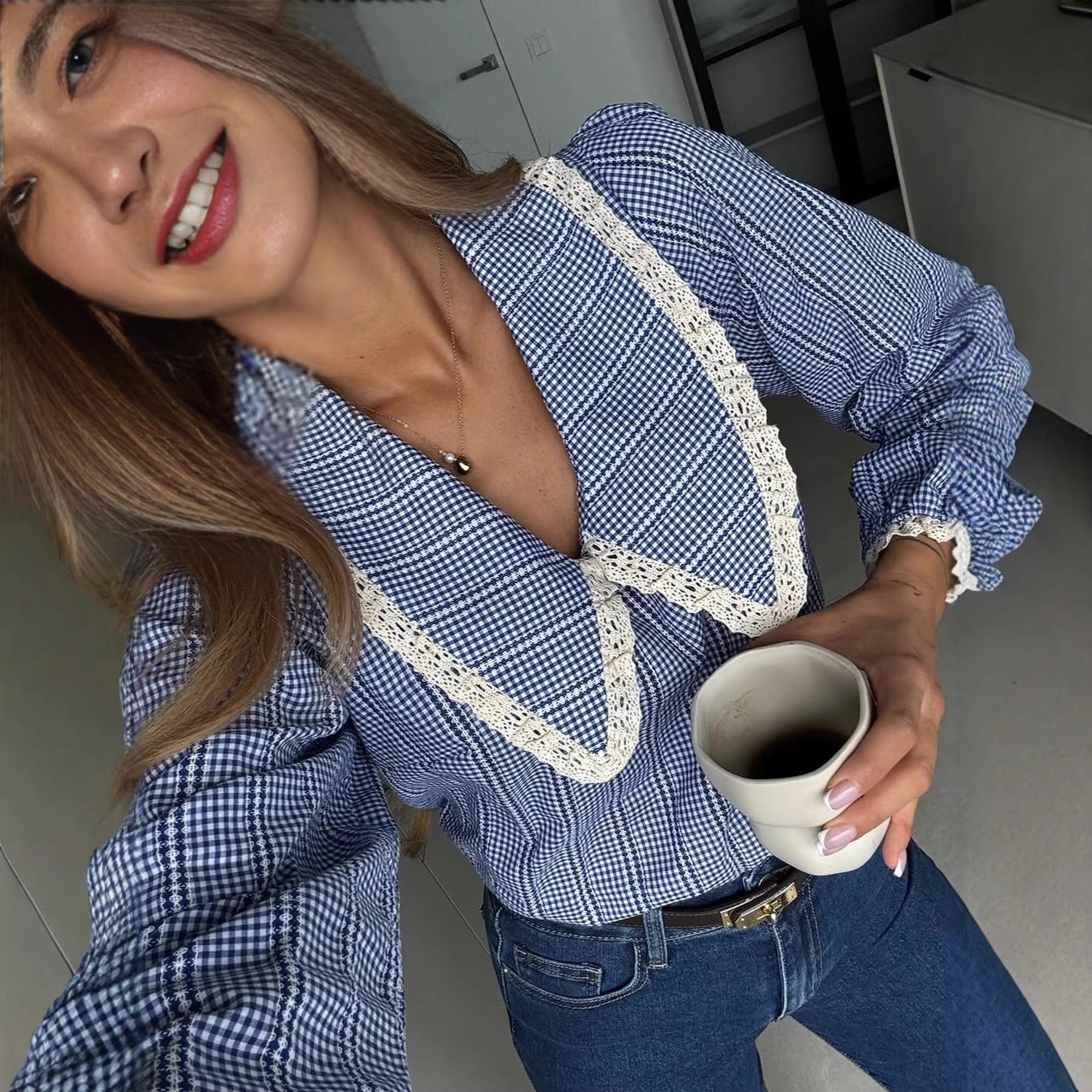Loose Fitting Long Sleeve Shirt With Blue Plaid Lace Panels