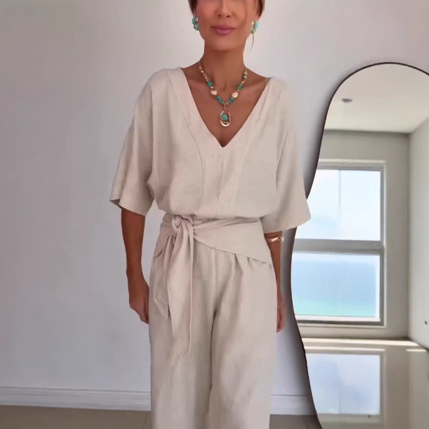 Solid-color V-neck Casual Mid-length Sleeve Belt Jumpsuit Pants