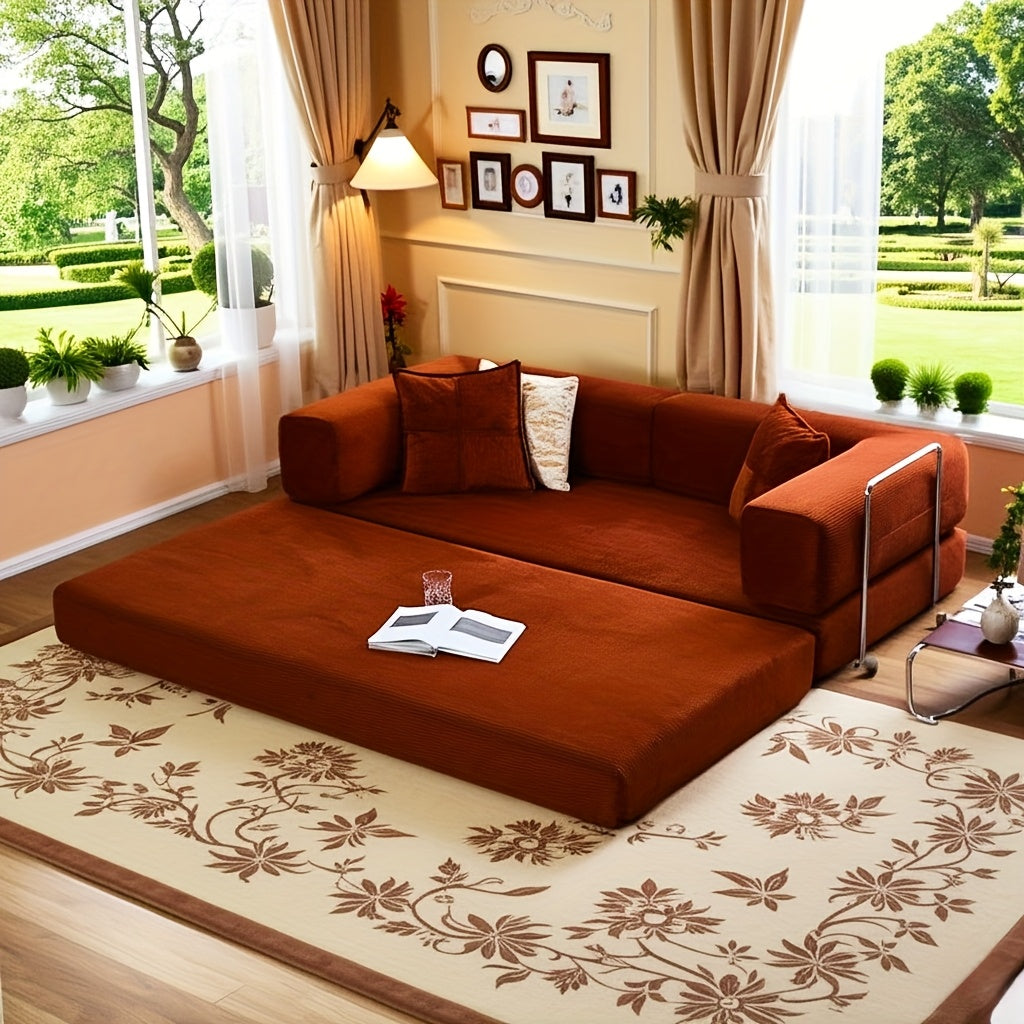 Modular L-shaped chaise longue sofa bed with deep seat and corduroy upholstery