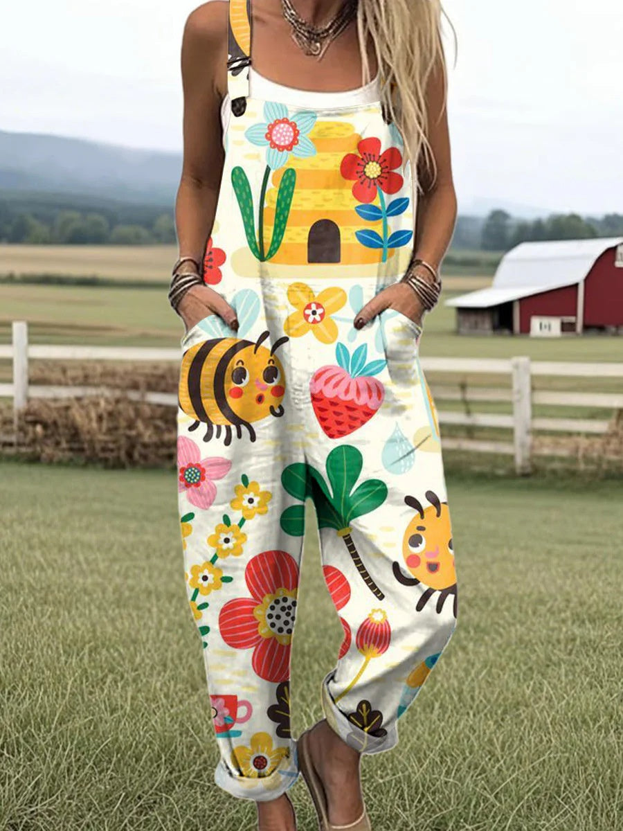 Women's Digital Print Casual Button Suspender Trousers