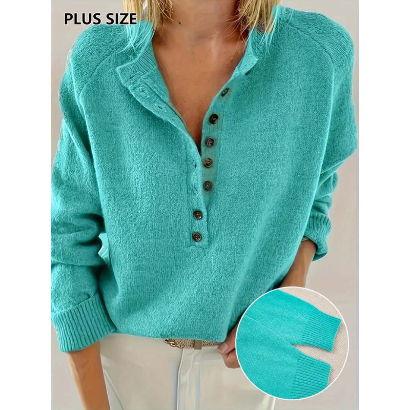 Loose Collar Decorated with Buttons Raglan Sleeve Knitted Pullover Women's Plus Size Sweater