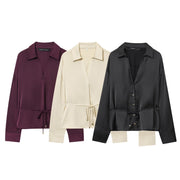 Women's Stylish Thin Waist Belt Silk-Satin Texture Shirt