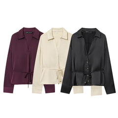 Women's Stylish Thin Waist Belt Silk-Satin Texture Shirt
