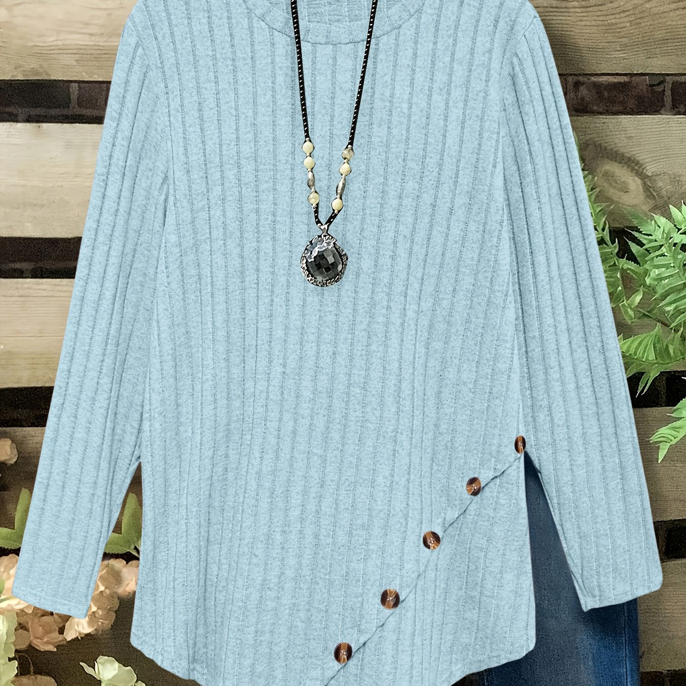 Plus Size Lightweight Ribbed Long Sleeve T-Shirt with Asymmetrical Hem