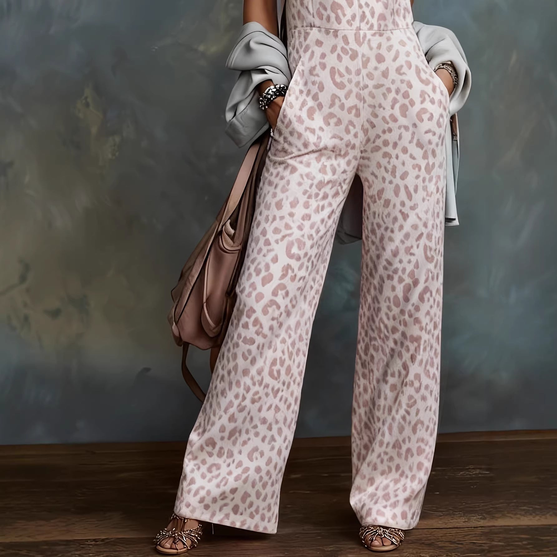 Leopard Print V-Neck Waist-Cinched Wide-Leg Jumpsuit