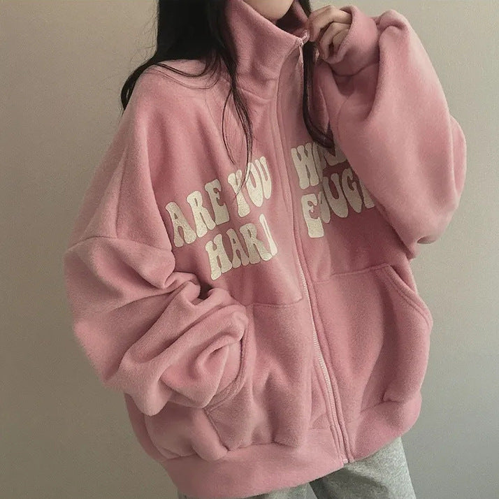 Women's Plus Velvet Alphabet Zip-Up Loose Cardigan Sweater