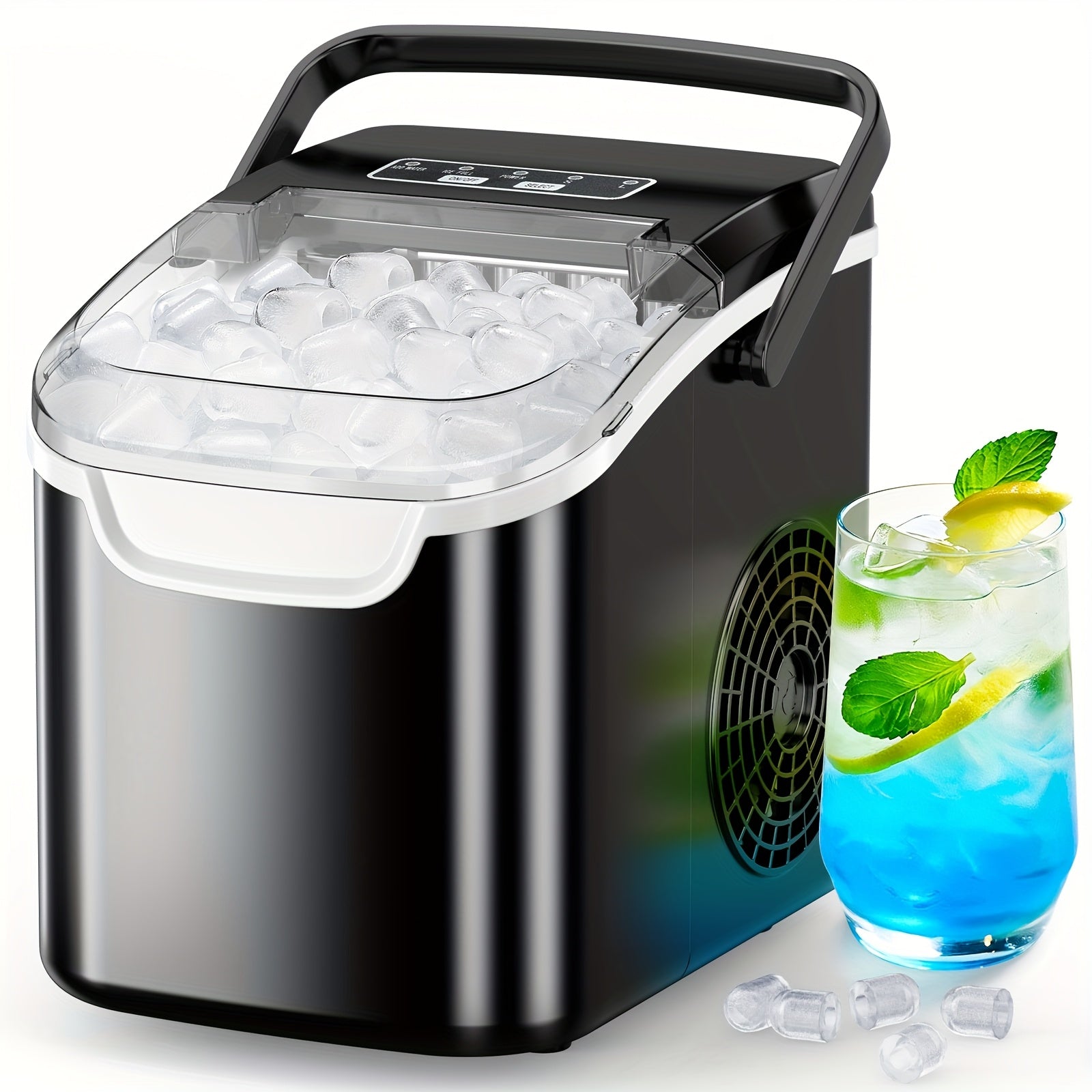 Ice Maker, Compact Ice Maker, Makes 9 Bullet Ice Cubes In 8 Minutes, 26 Pounds In 24 Hours, Countertop Ice Maker with Ice Scoop And Ice Basket for Home Bar, Office, Kitchen, Ice Maker with Handle, ...