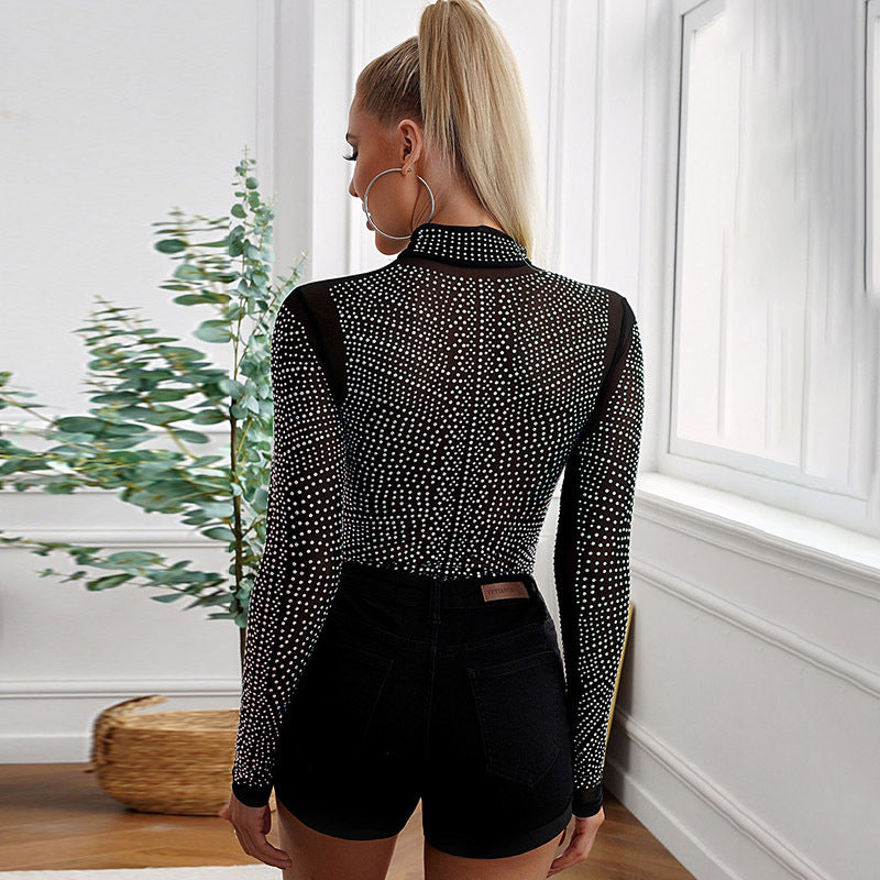 Women's Sheer Diamond Turtleneck Sexy Jumpsuit