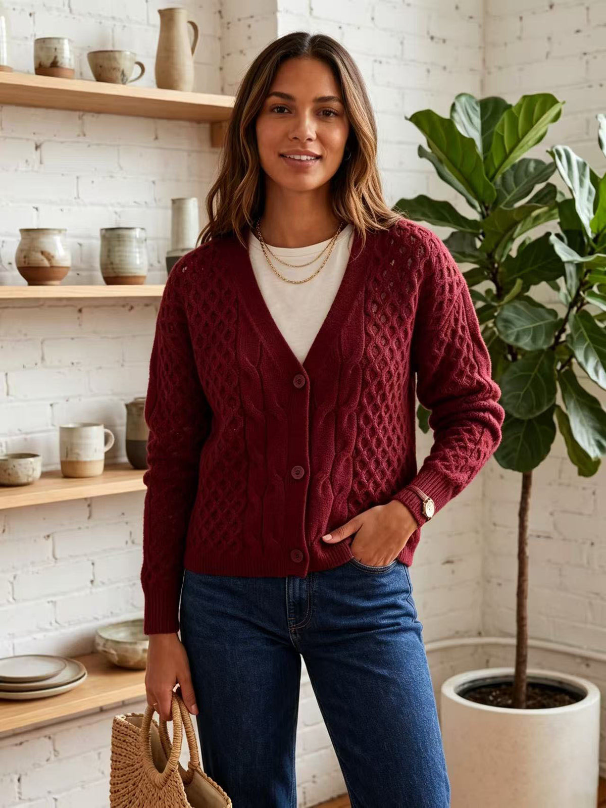 New Spring Autumn and Winter Single-breasted Cable-knit Cardigan