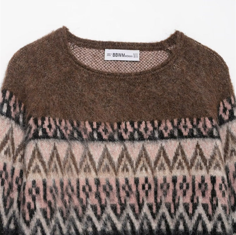 Retro-style Vintage Effect Jacquard Knit Sweater