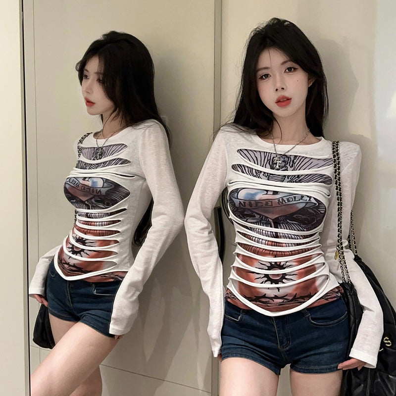 Slim-fit Vintage Distressed Printed Faux Two-piece Long-sleeve Top