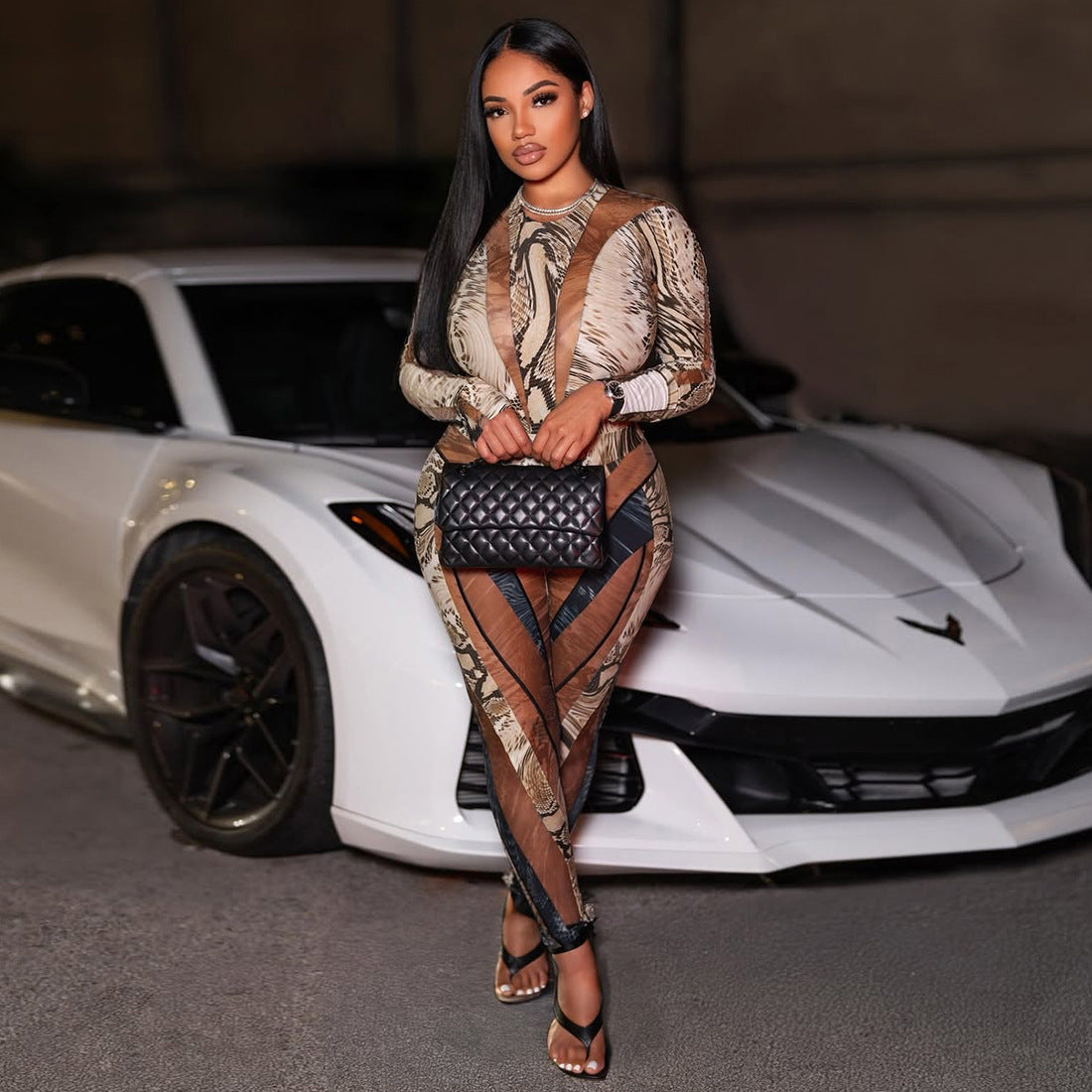 Snake-Print Sexy Bodycon Jumpsuit & Pants Set