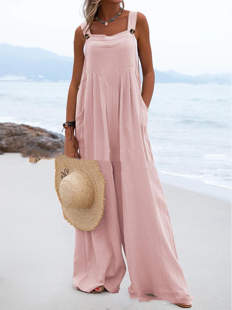 Sleeveless Wide-leg Buttoned Ethnic-style Jumpsuit