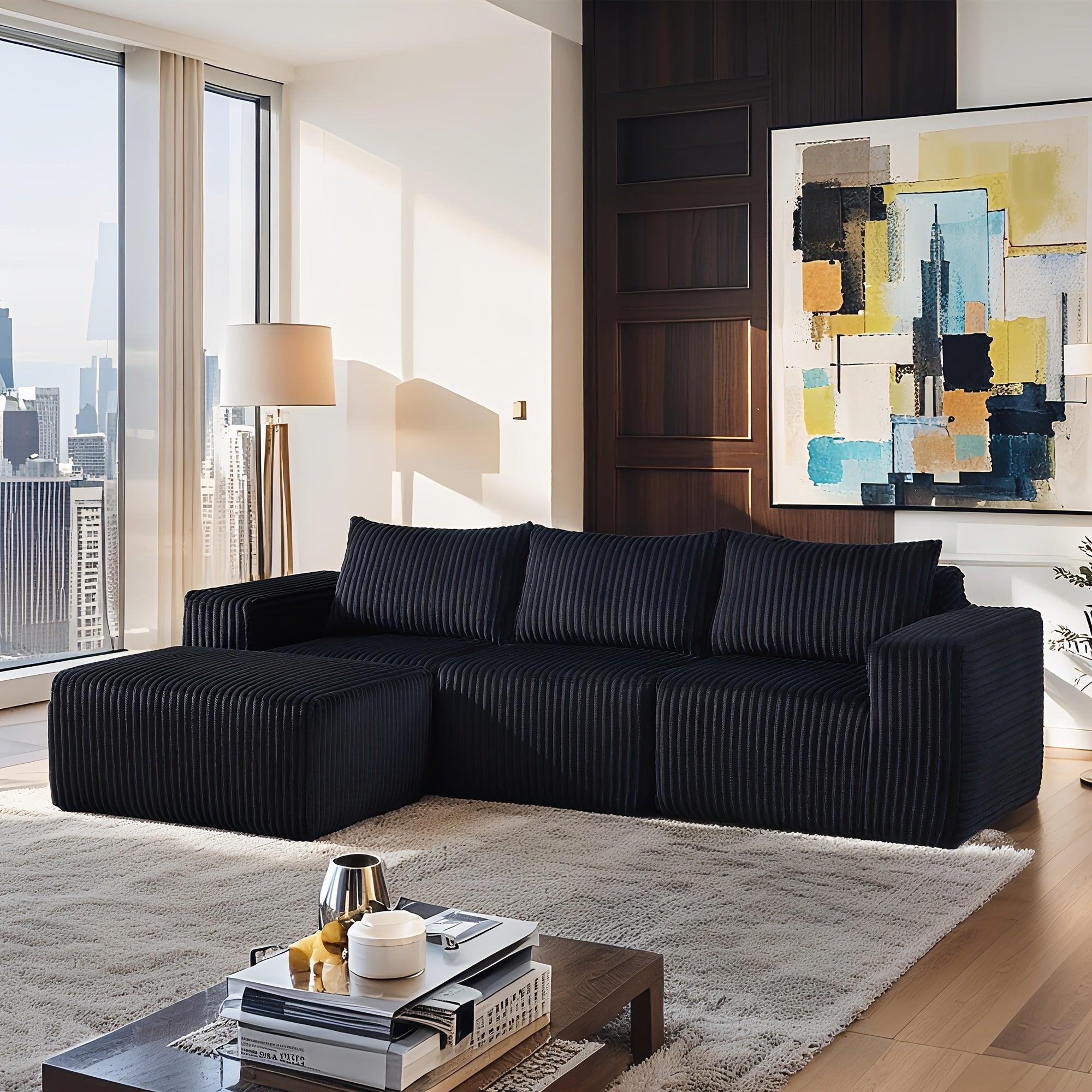 Modular L-shaped chaise longue sofa bed with deep seat and corduroy upholstery